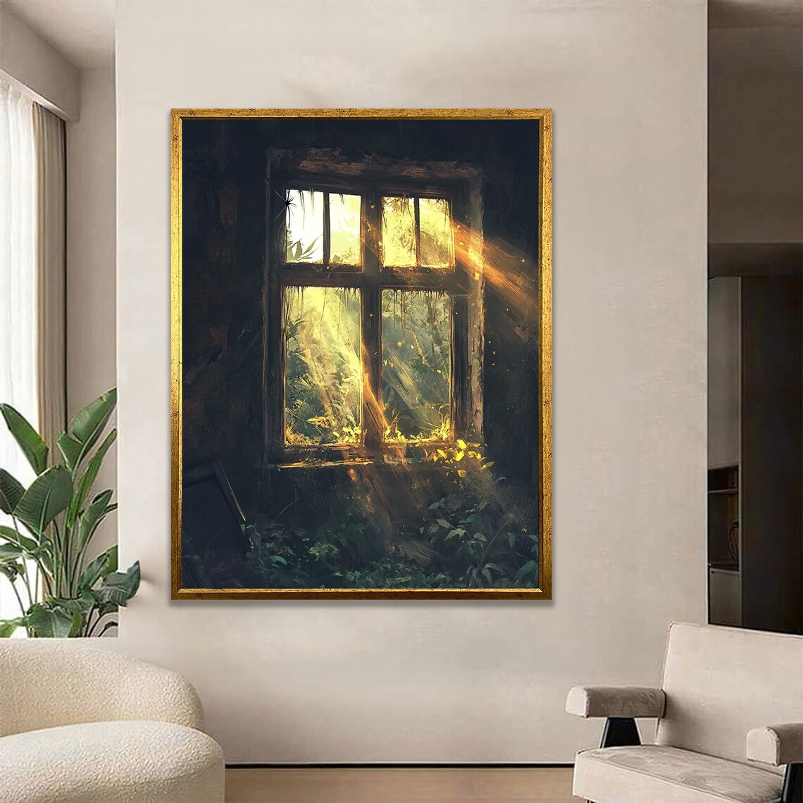 Golden Sunlight Streaming Through Old Window Dark Room Art Poster