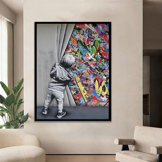Child Opening Curtain With Letters Numbers And Animal Illustrations Whimsical Kids Room Wall Art