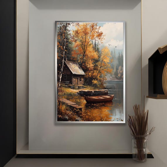 Autumn Lake Cabin Wall Art Rustic Boat Dock Canvas Fall Nature Landscape Print