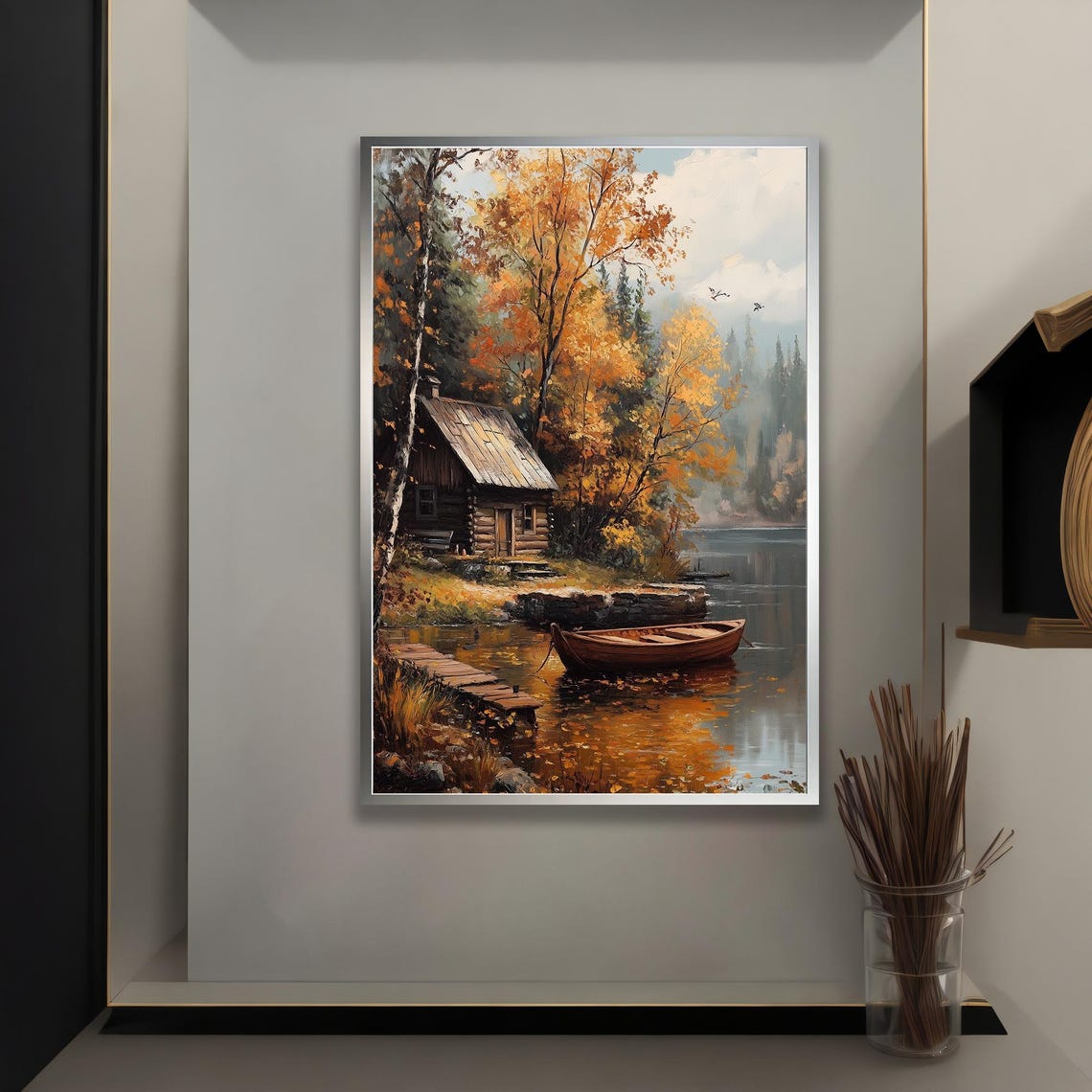 Autumn Lake Cabin Wall Art Rustic Boat Dock Canvas Fall Nature Landscape Print