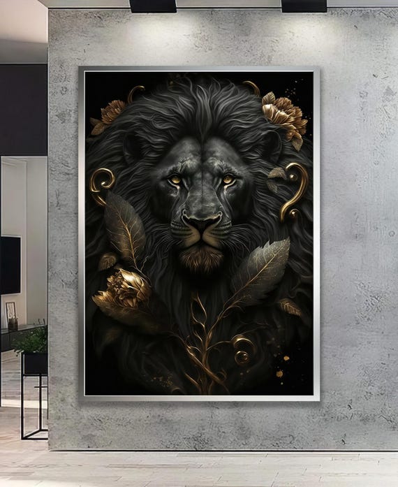 Black Lion Portrait Adorned With Golden Accents Majestic And Luxurious Animal Canvas Wall Art