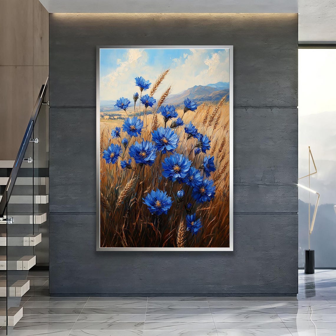 Blue Wildflowers In Wheat Field Countryside Summer Canvas Print