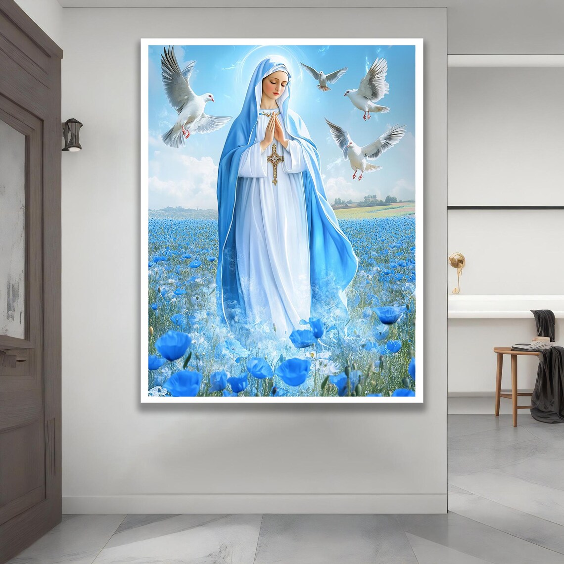 Praying Virgin Mary Blue Flowers Doves Religious Devotional Print