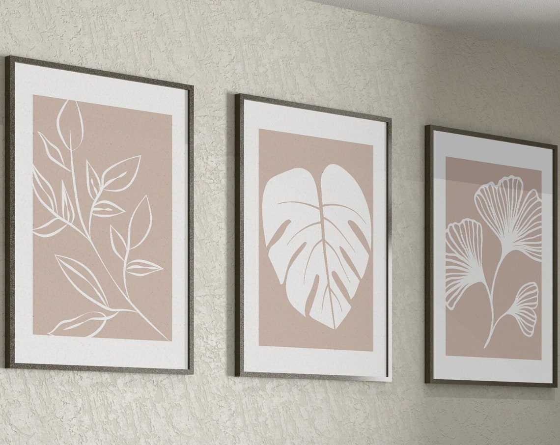 Set Of 3 Beige Botanical Line Art Leaves Monstera Ginkgo Poster