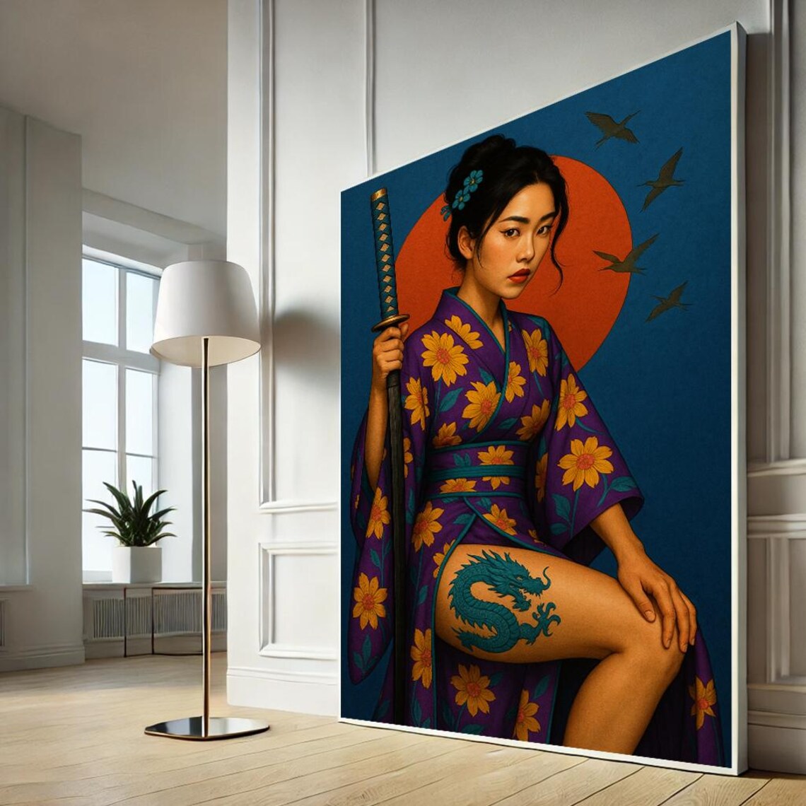 Samurai Woman with Dragon Tattoo Purple Kimono Katana Japanese Art Poster