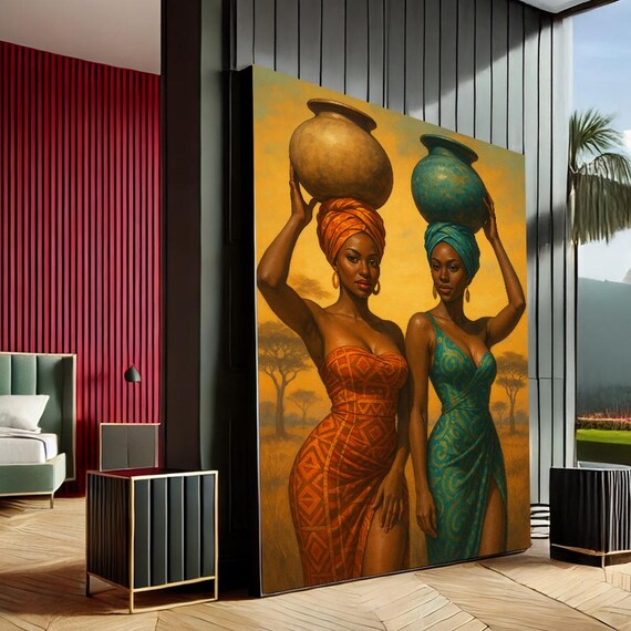 Two African Women Water Pots Vibrant Orange Turquoise Modern Canvas Wall Art