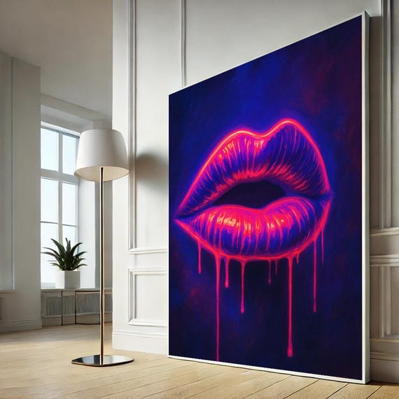 Bold Neon Lip Canvas Wall Art Vibrant And Edgy Abstract Print For Living Room Bedroom Decor Unique