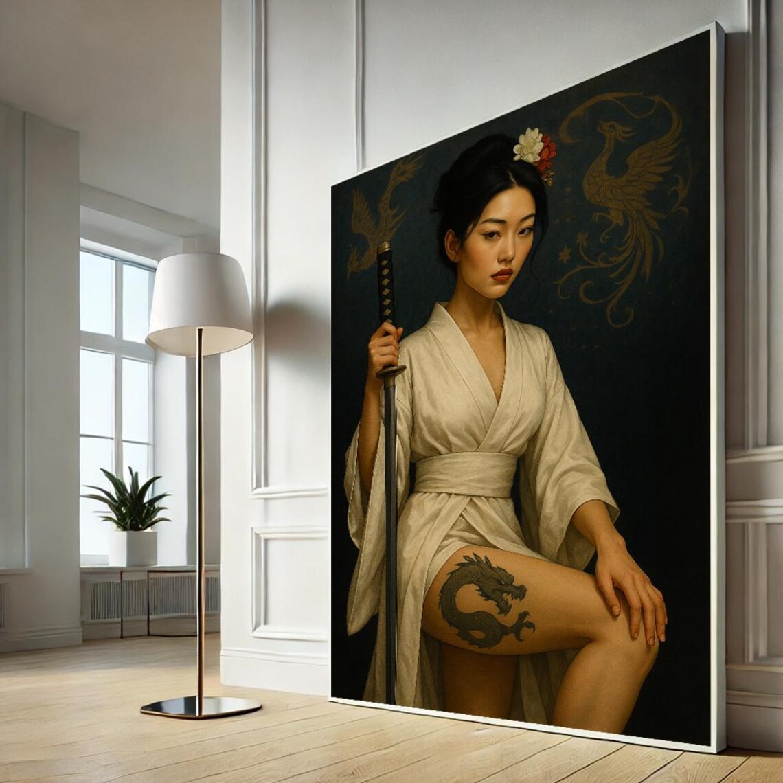 Japanese Samurai Woman White Kimono Katana Dragon Tattoo Portrait Poster