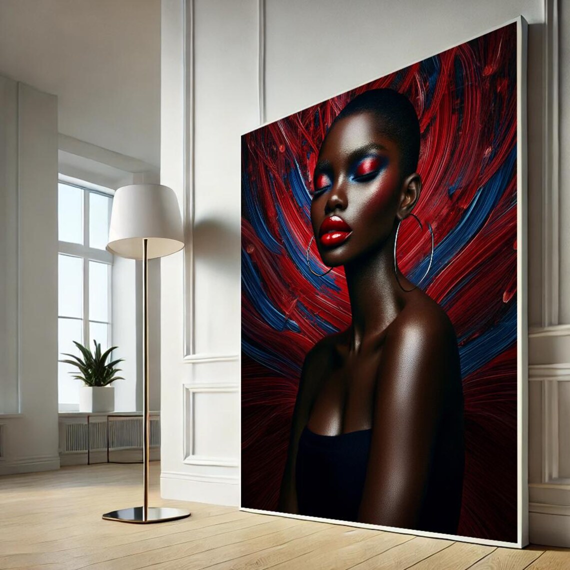 Red Blue Abstract Woman Portrait Canvas Wall Art Fierce Color Pop
