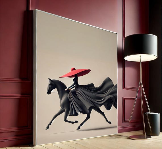 Minimalist Fashion Woman On Horse Canvas Black And Red Art For Living Room Sophisticated Modern Home Decor