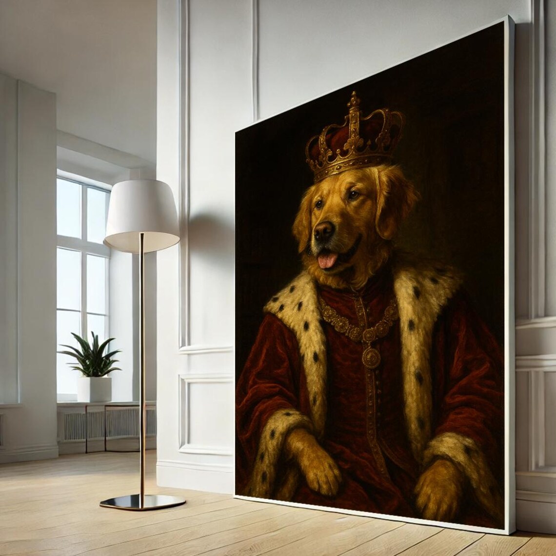 Regal Golden Retriever King Portrait Crowned Dog Royal Painting Poster