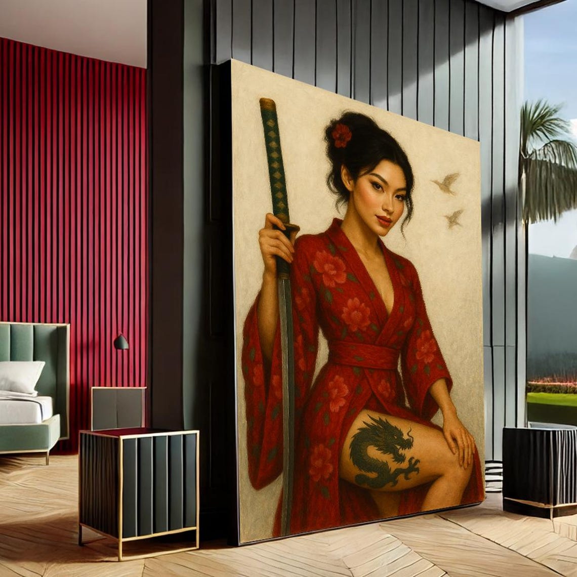 Empowering Geisha Warrior Red Kimono Katana Modern Canvas Poster