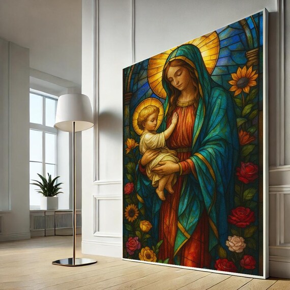 Radiant Madonna and Child Stained Glass Floral Religious Art Poster