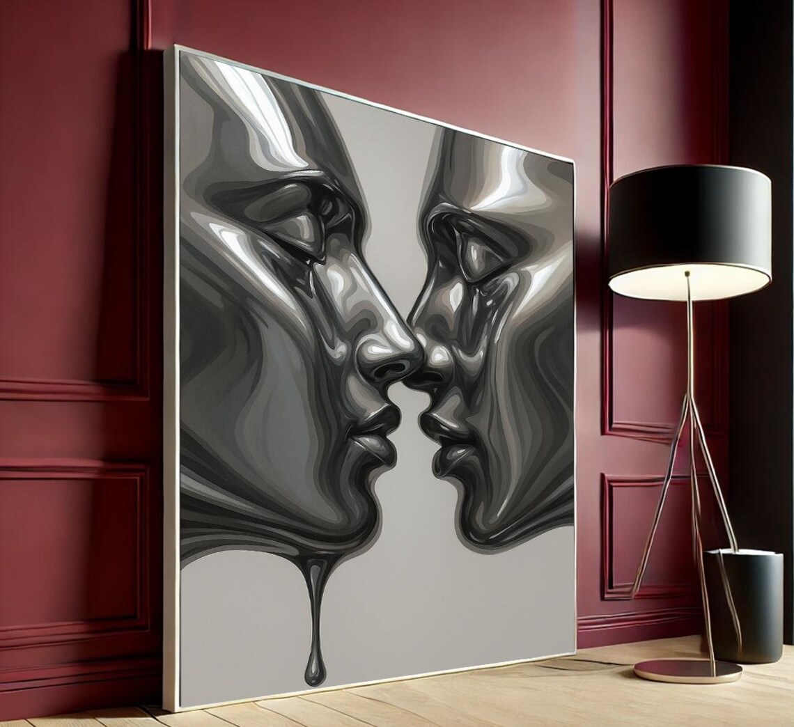 Black Silver Abstract Couple Kissing Faces Romantic Art Poster