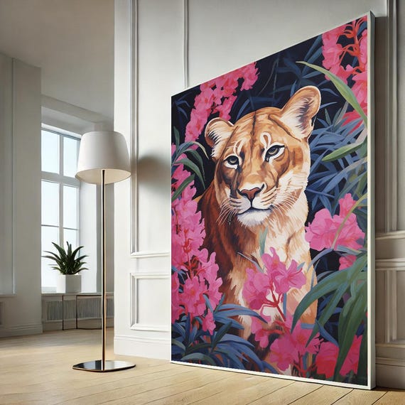 Majestic Lion In Floral Canvas Wall Art Print Vibrant Living Room Decor Statement Piece