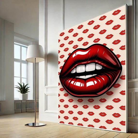 Red Lips Pop Art Canvas Wall Print Bold Modern Lip Illustration Poster Kissing Home Decor
