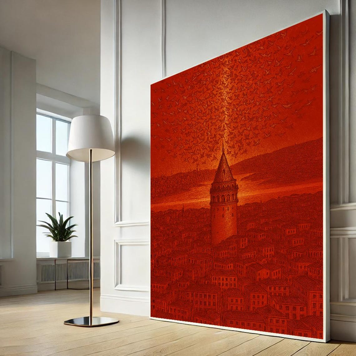 Galata Tower Istanbul Red Monochrome Landmark Etching Poster