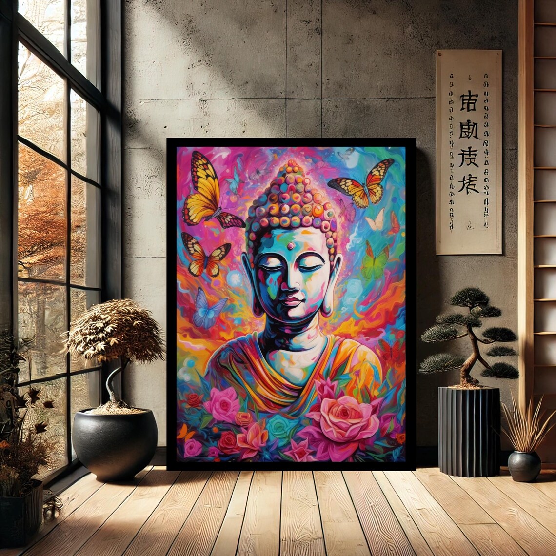 Colorful Buddha With Butterflies and Roses Vibrant Spiritual Art Print