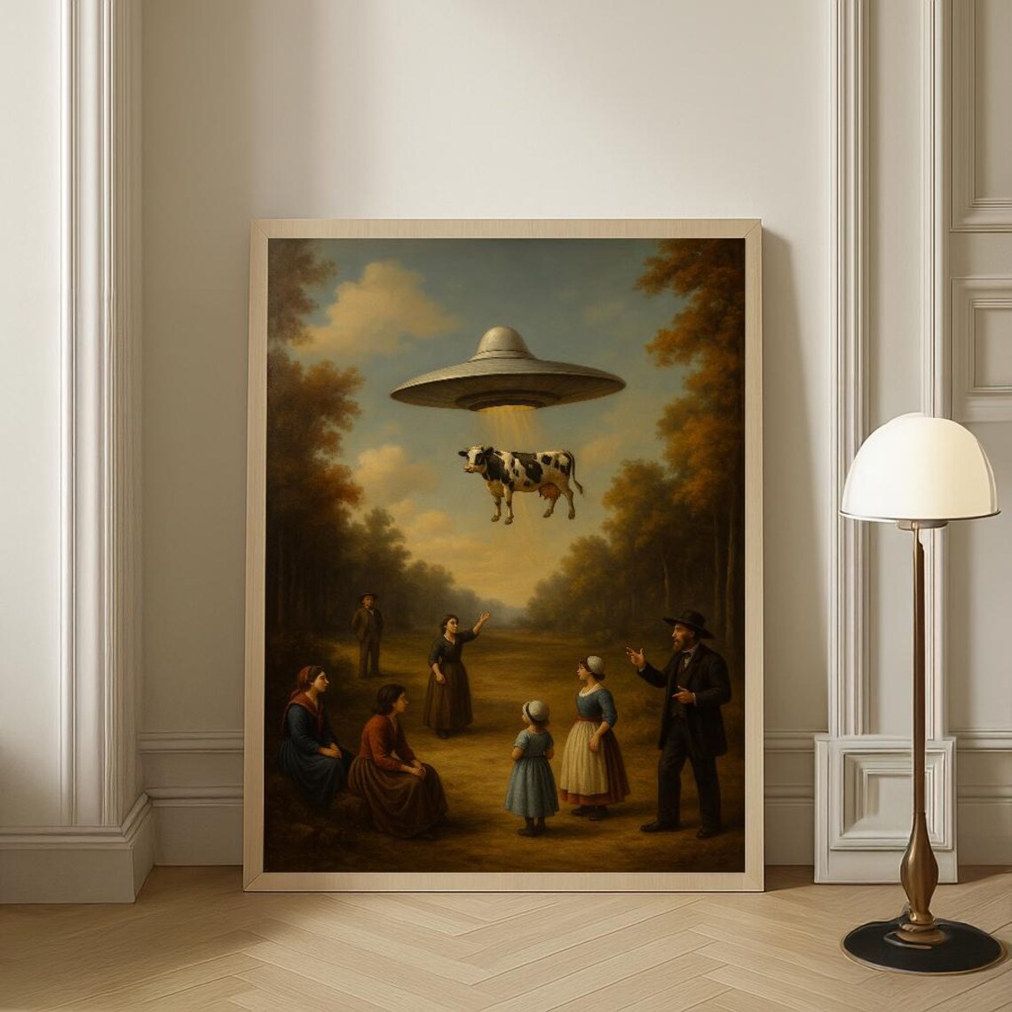 Flying Saucer Cow Abduction Vintage Farm Family Surreal Humor Poster