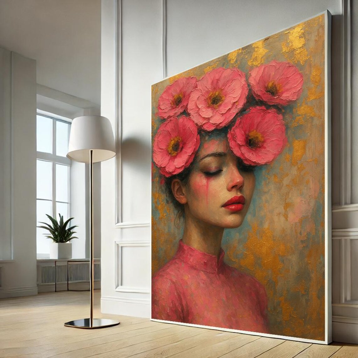 Woman With Pink Flower Crown Teary Eye Emotional Painting Poster