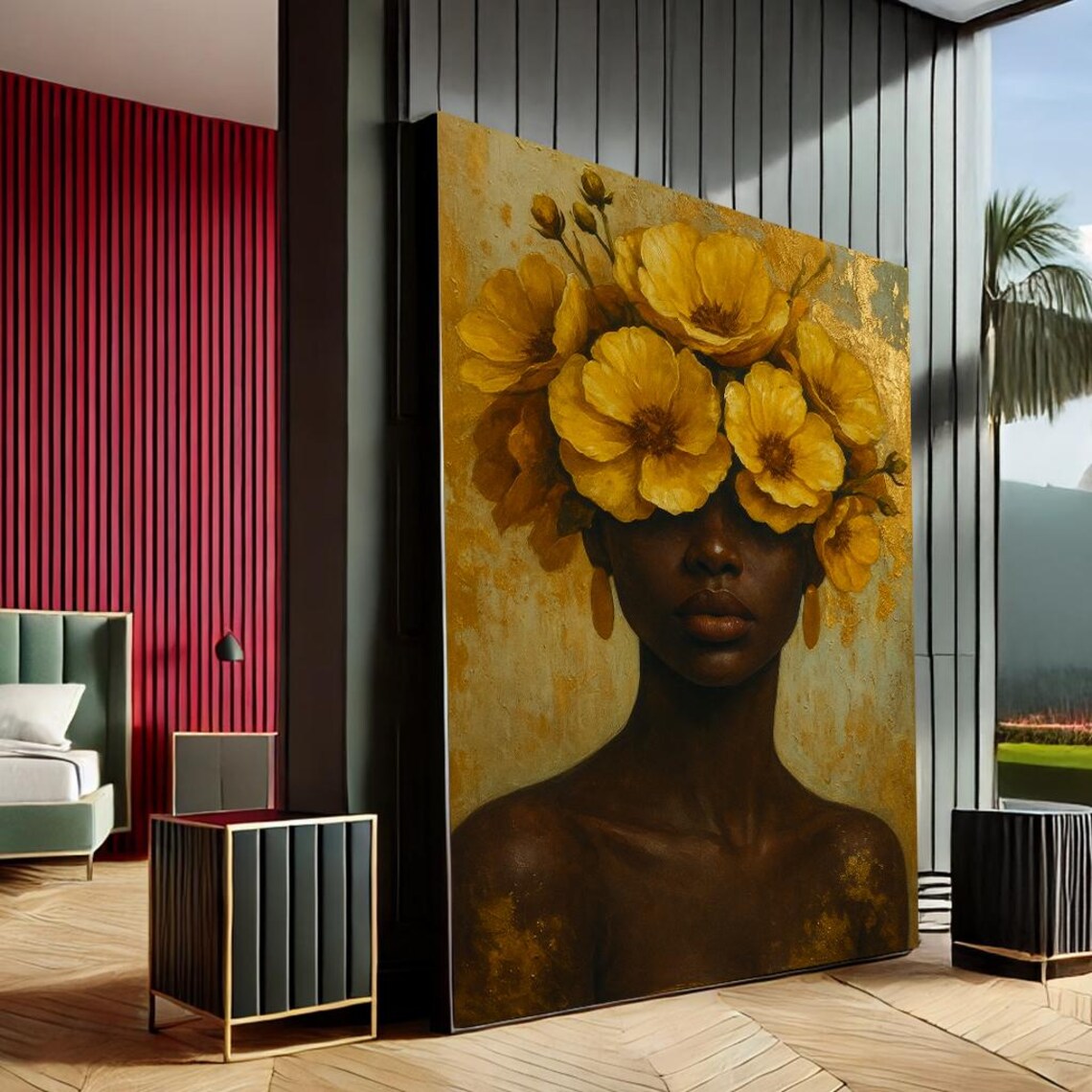 Beautiful Woman with Golden Flower Crown Portrait Canvas Print