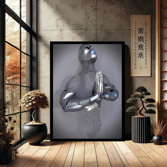 Silver Praying Figure Wireframe Dissolving Metal Sculpture Poster