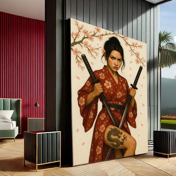 Fierce Woman With Swords Canvas Art Cherry Blossom Samurai Wall Decor For Living Room Bold Asianinspired Home Accent