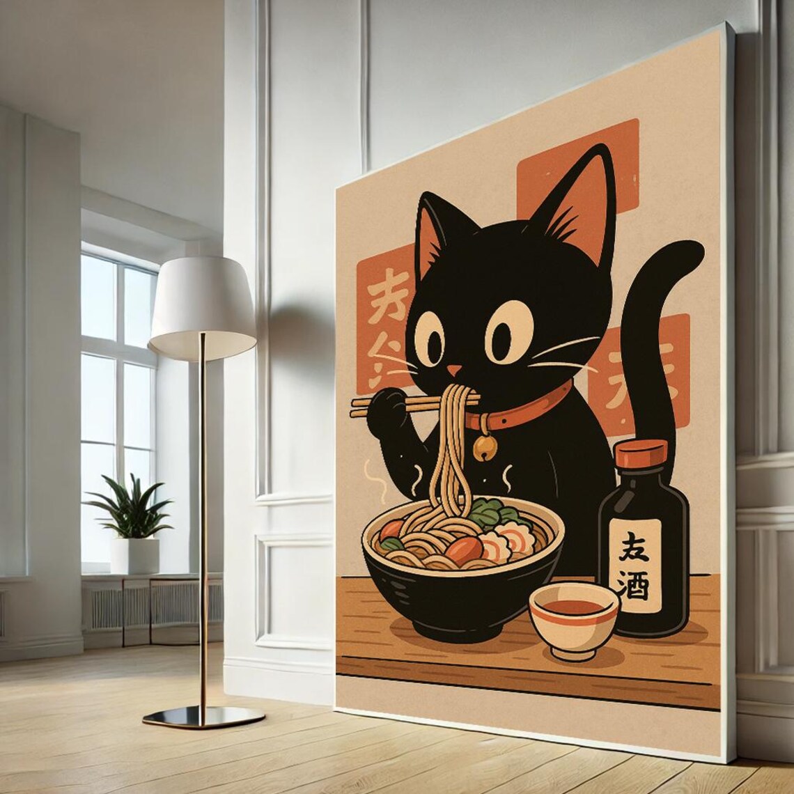 Black Cat Eating Ramen Noodles Retro Japanese Food Poster Kitchen Art
