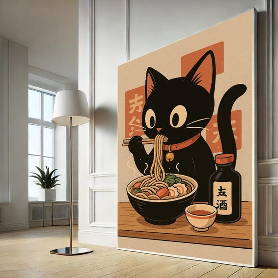 Whimsical Cat And Noodles Canvas Art Playful Kitchen Wall Decor Charming Black Illustration For Cozy Dining Room