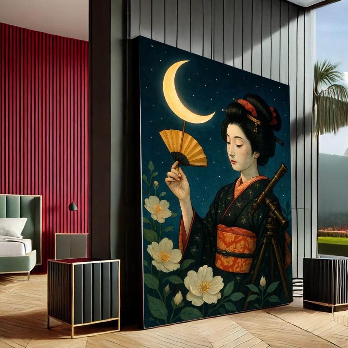 Geisha with Fan Under Crescent Moon Night Sky Flowers Art Poster