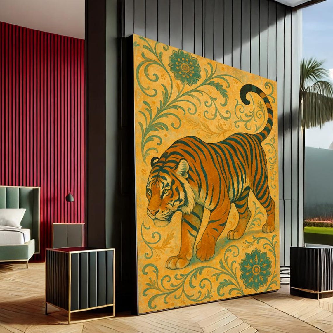 Empowering Tiger Boho Canvas Wall Art Print Orange Green Living Room Decor Statement Piece