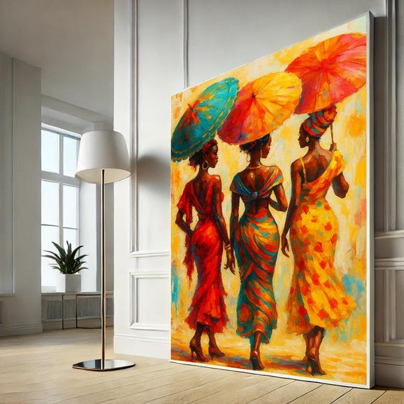 Bold Afro Women Canvas Colorful African Dresses And Umbrellas Wall Art Print For Vibrant Home Decor