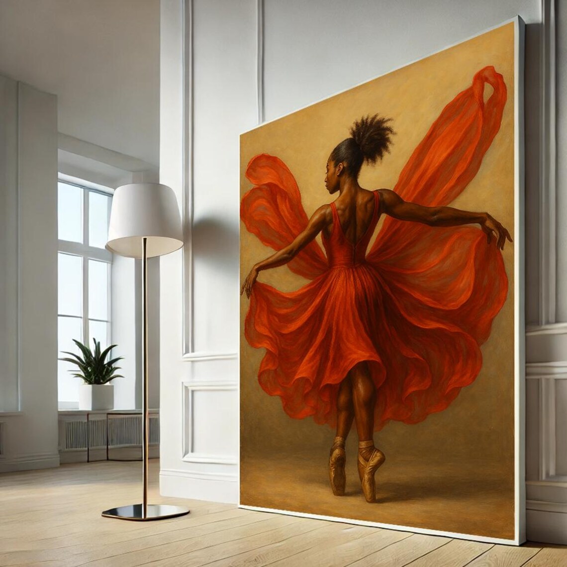 Elegant Black Ballerina in Flowing Red Dress Dance Art Poster