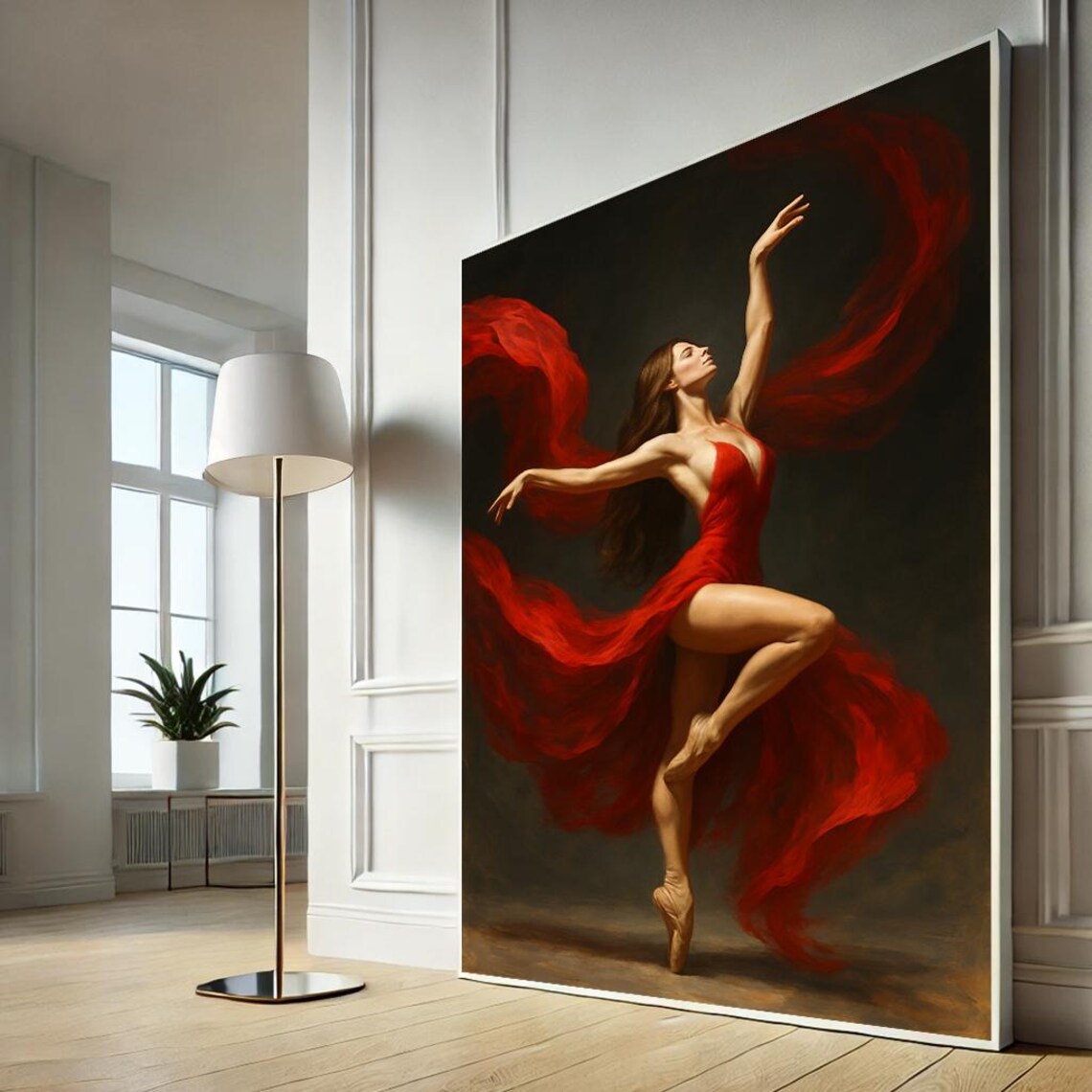 Red Dress Ballerina Canvas Print Elegant Dance Woman Flowing Gown Art