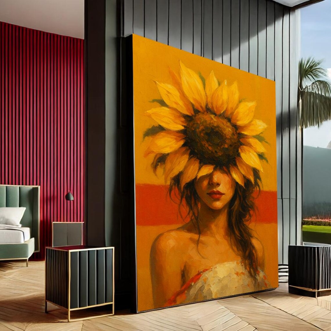 Radiant Sunflower Woman Golden Floral Portrait Canvas Wall Art