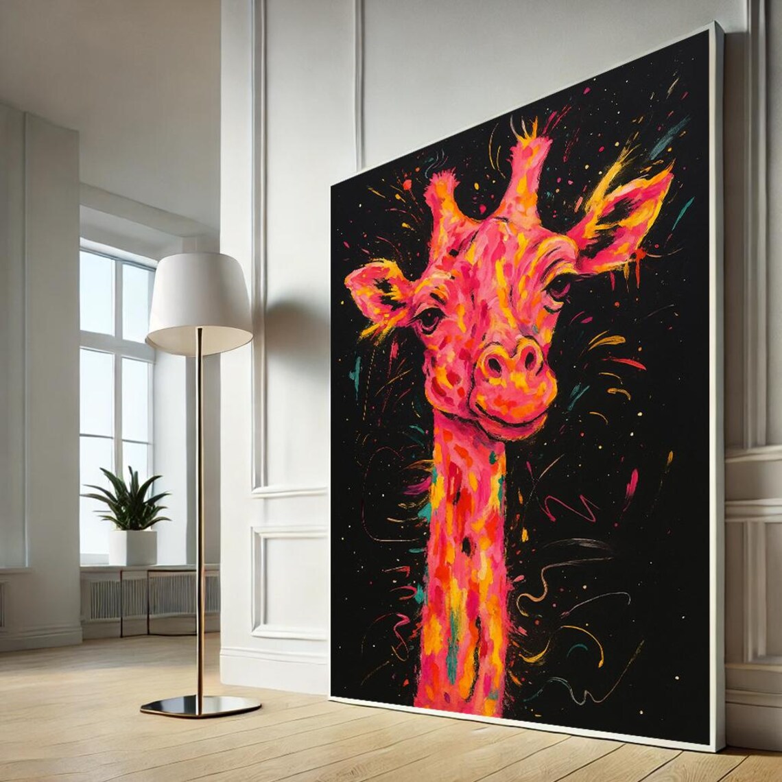 Neon Giraffe Canvas Print Colorful Pop Animal Bright Pink Orange Art