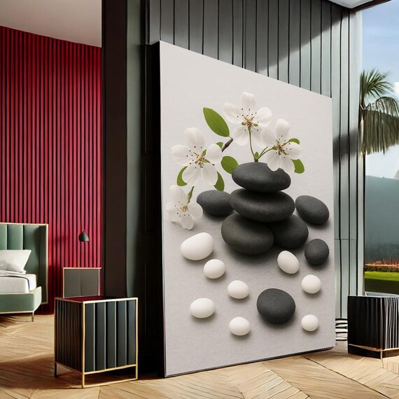 Serene Zen Stones Minimalist Canvas Wall Art Print Black White Bedroom Decor Ready To Hang