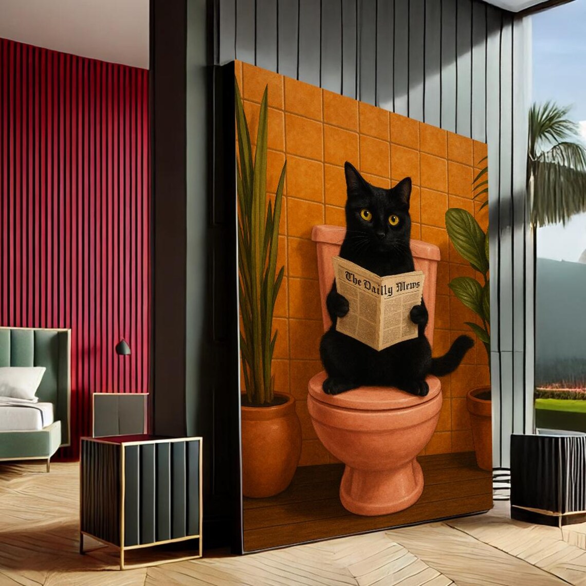 Funny Black Cat Toilet Reading Newspaper Bathroom Humor Wall Decor Print