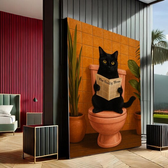 Funny Black Cat Toilet Reading Newspaper Bathroom Humor Wall Decor Print
