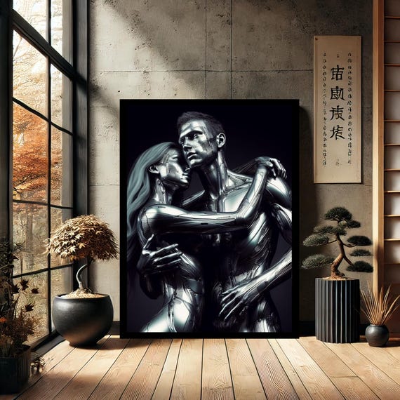 Abstract Metal Couple Wall Art Romantic Silver Sculpture With Heart Design Modern Home Decor Canvas Print
