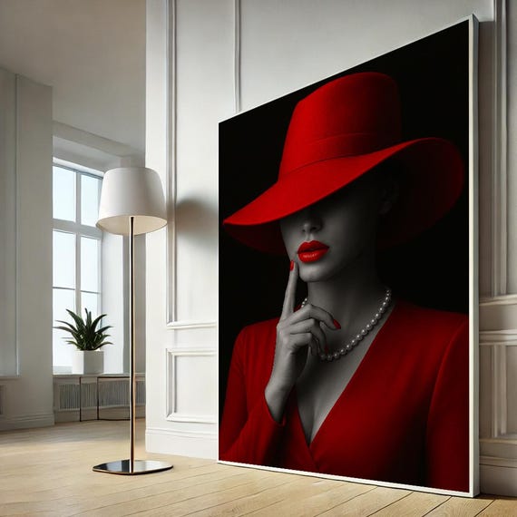 Mysterious Woman Modern Canvas Wall Art Print Red Black Bedroom Decor Statement Piece