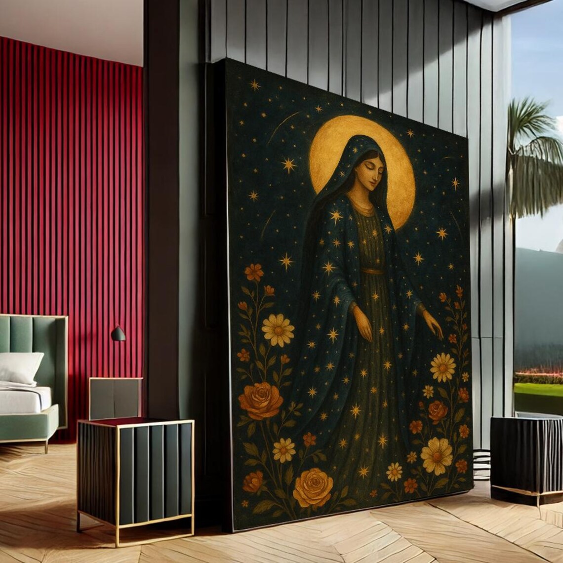 Mystical Madonna Gold Halo Wall Art Canvas Celestial Floral Painting