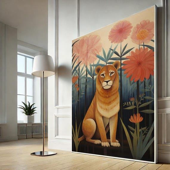 Calm Lion In Floral Jungle Canvas Wall Art Print Boho Living Room Decor Statement Piece