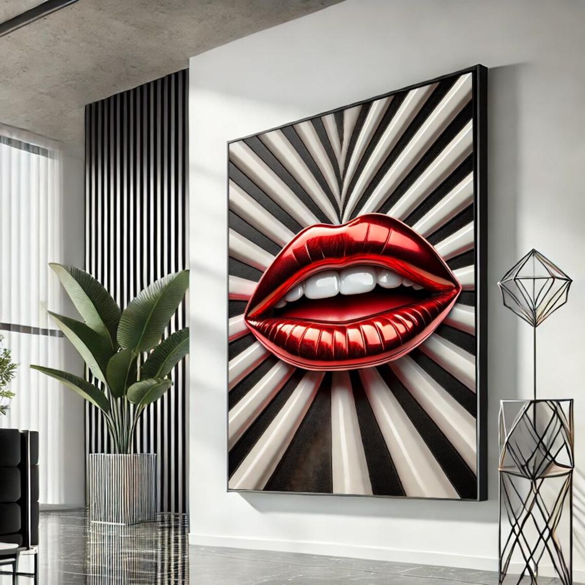 Glossy Red Lips Radial Sunburst Stripes Pop Art Fashion Poster