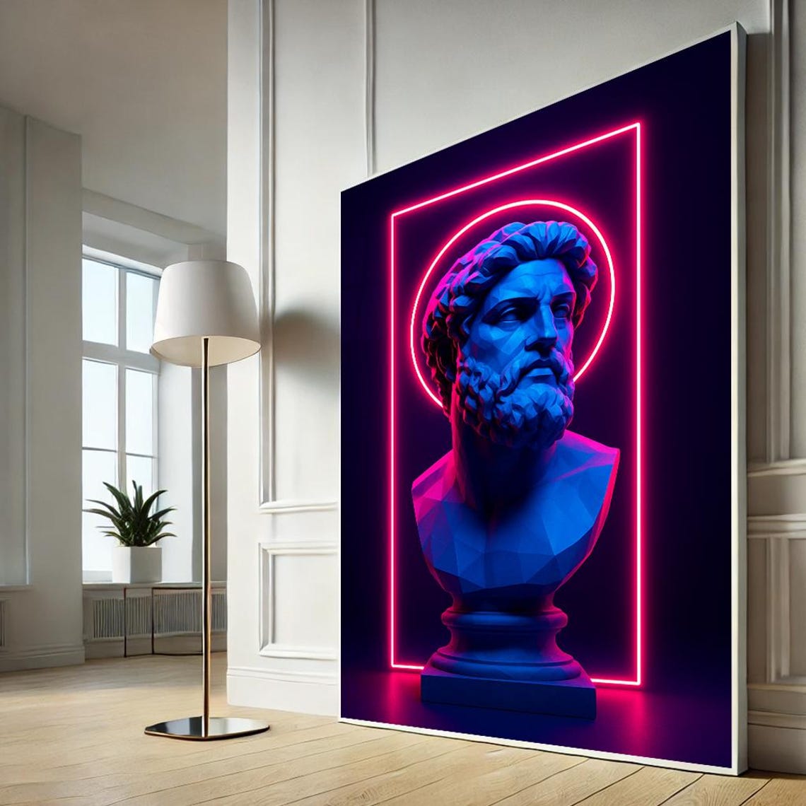 Neon Greek Sculpture Bust Vaporwave Pink Blue Wall Decor Poster