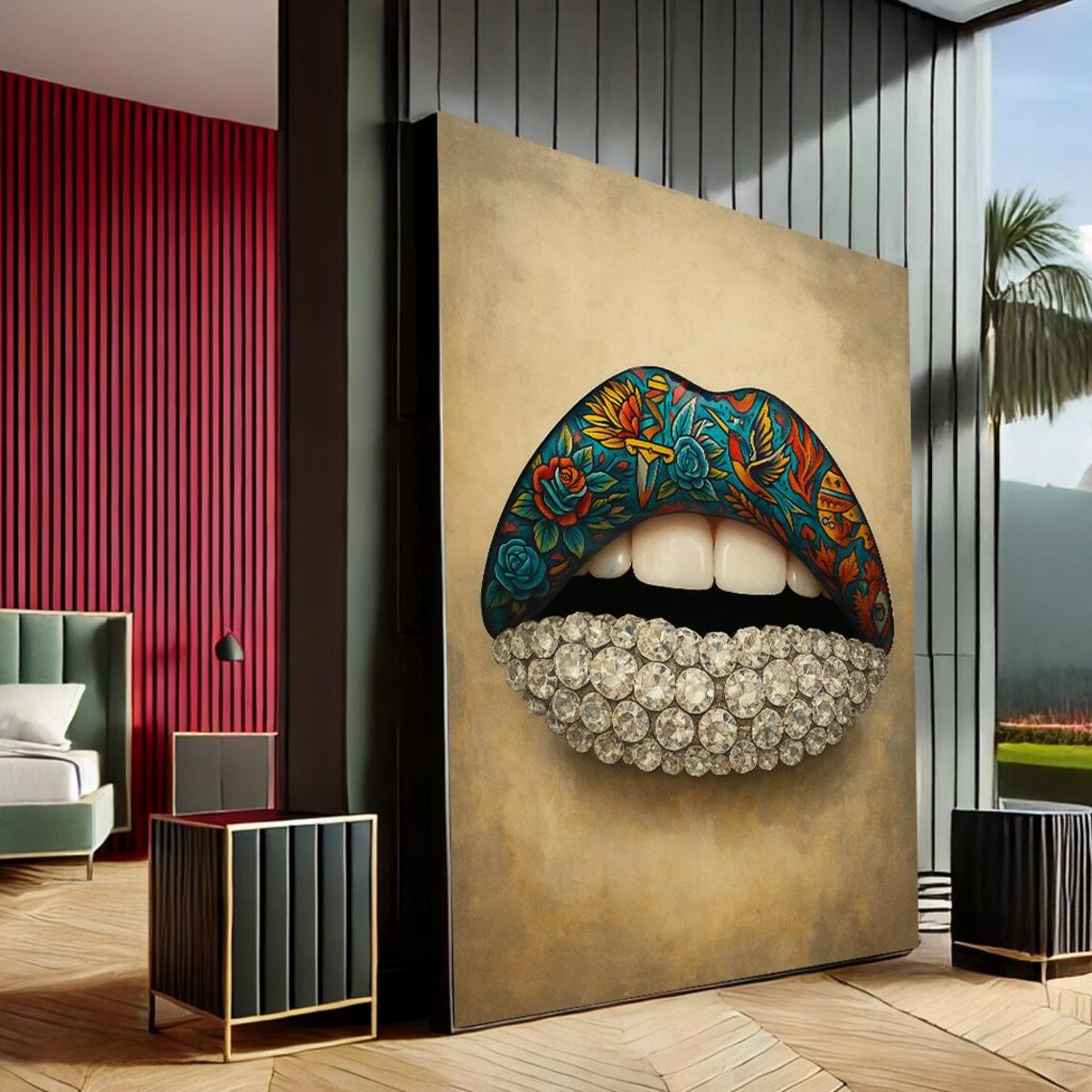 Floral Lips Pop Art Canvas Tattoo Design Diamond Lips Wall Art