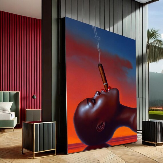 Bold Black Woman With Cigar Against Fiery Red Sunset Modern Art Poster
