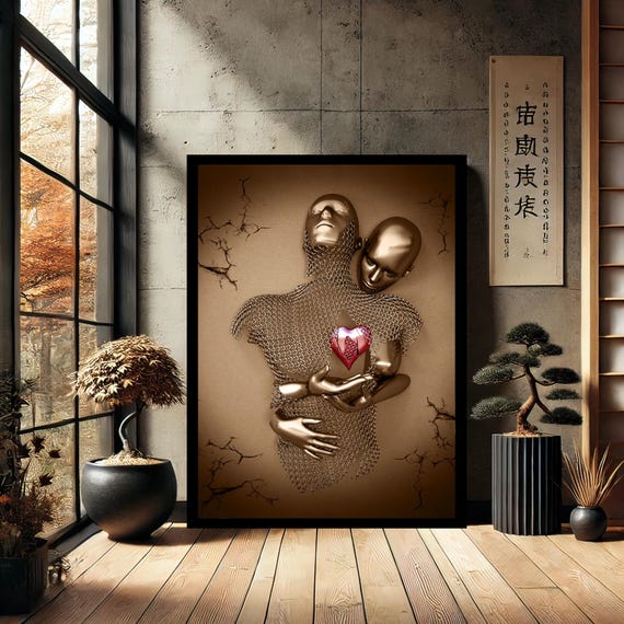 Abstract Metal Couple Wall Art Romantic Silver Sculpture With Heart Design Modern Home Decor Canvas Print