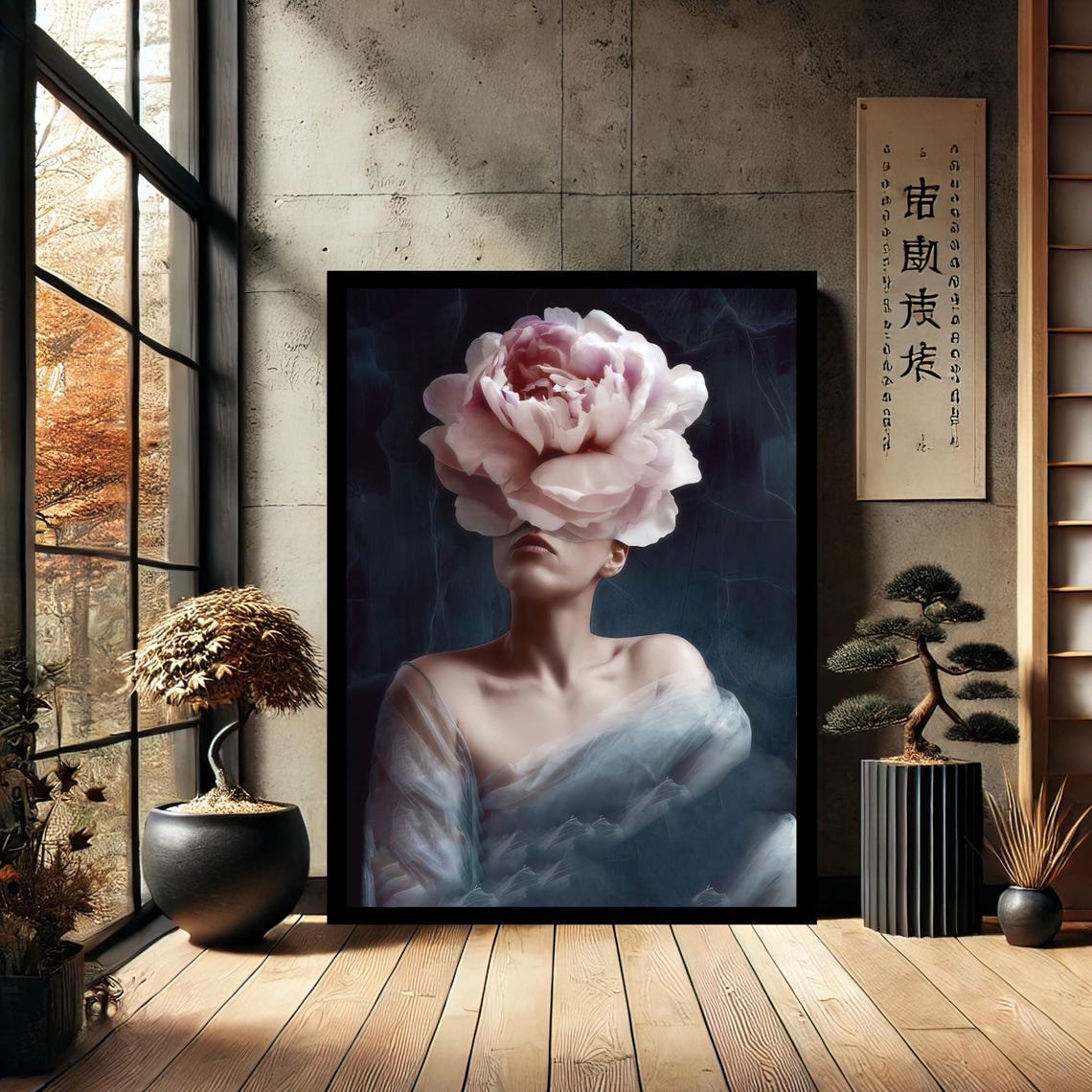Woman with Single Pink Peony Over Eyes Sheer Veil Dark Art Print
