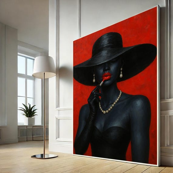 Red Lipstick Woman Canvas Wall Art Print Elegant Femme Fatale Portrait Bold Fashion Lady Home Decor
